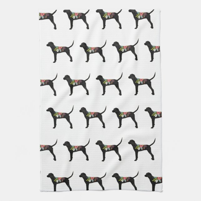 Redbone Coonhound Dog Breed Boho Foral Silhouette Tea Towel (Vertical)