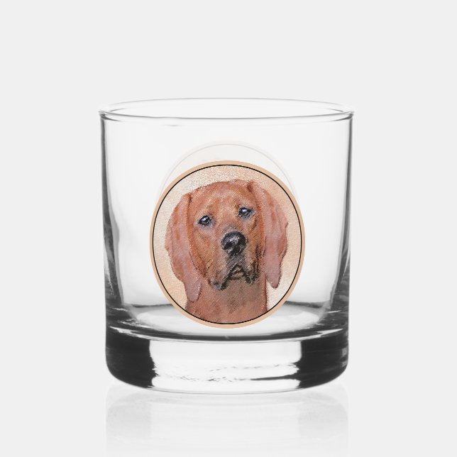 Redbone Coonhound Painting - Cute Original Dog Art Whiskey Glass (Front)