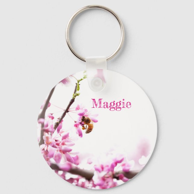 Redbud & honeybee in Springtime Key Ring (Front)