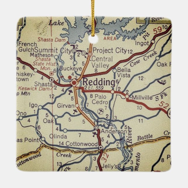 Redding CA Vintage Map Ceramic Ornament (Back)