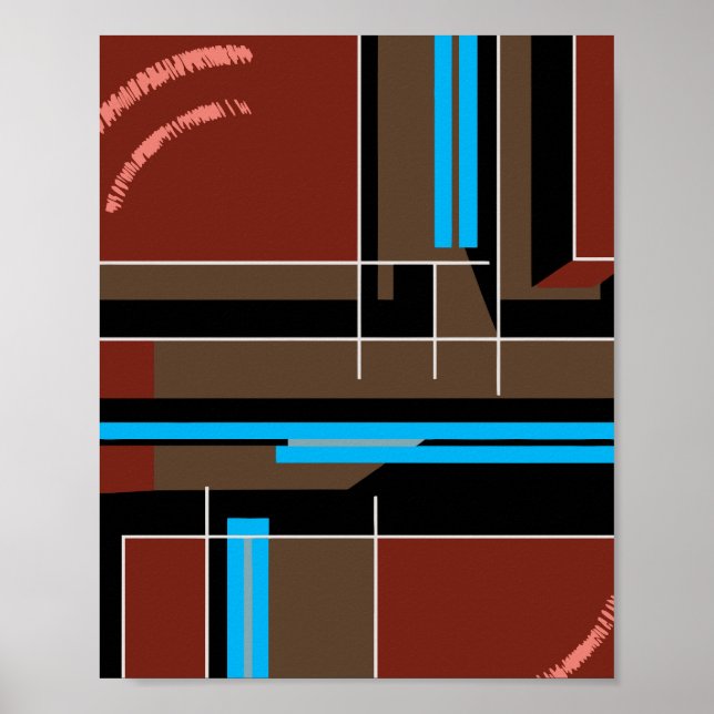 Reddish Brown Geometric Design with Blue Lines Poster (Front)