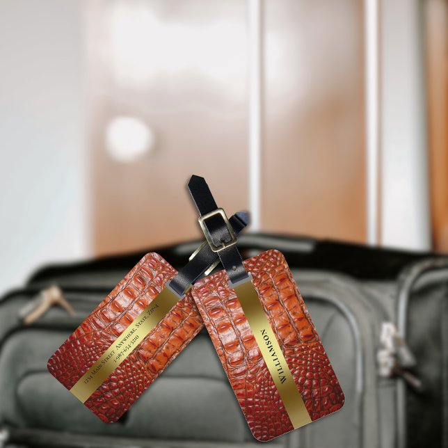 Reddish Brown Reptile Digital Leather Gold Metal Luggage Tag (Creator Uploaded)