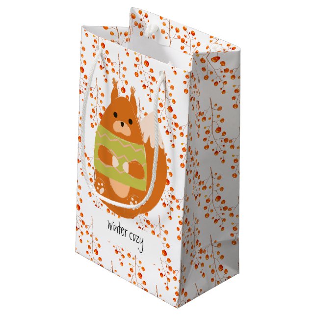 Reddish Brown Squirrel In a Green Sweater Small Gift Bag (Back Angled)