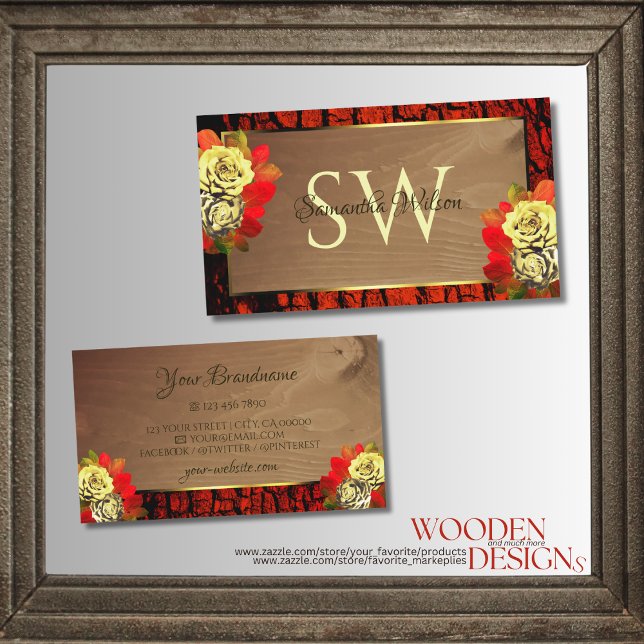 Reddish Brown Tree Bark Wood Grain Initials Floral Business Card (Creator Uploaded)