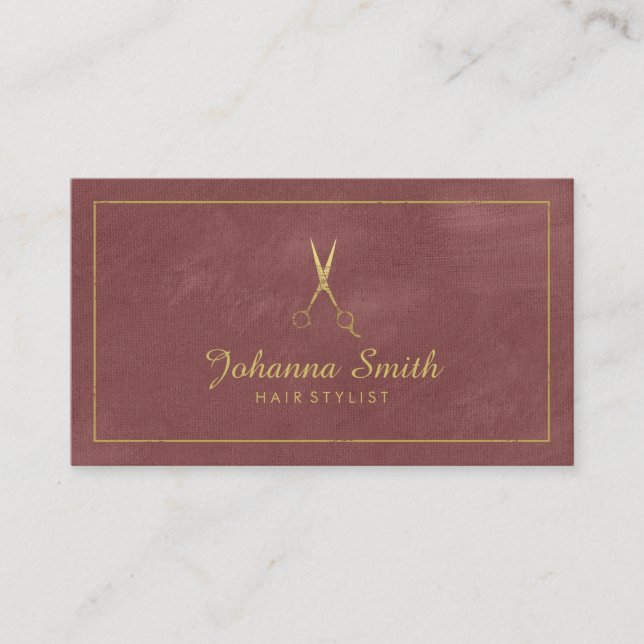 Reddish Canvas Golden Frame & Scissors Hairstylist Appointment Card (Front)