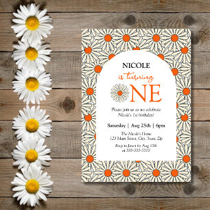 Reddish Orange Daisies Floral Arch 1st Birthday Invitation