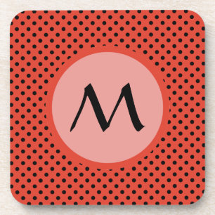 Reddish Orange Polka Dot Monogram Coaster