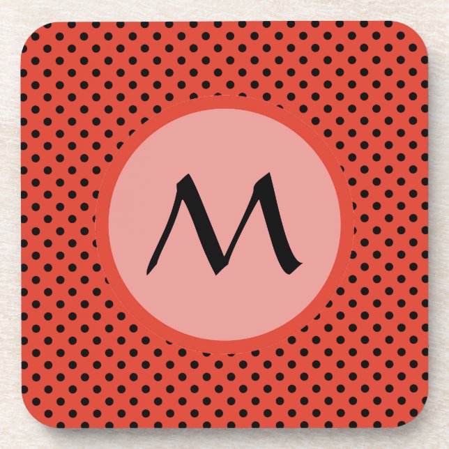 Reddish Orange Polka Dot Monogram Coaster (Front)