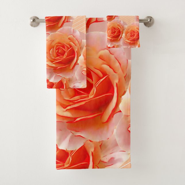 Reddish-Orange Rose Floral Bath Towel Set (Insitu)
