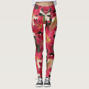 Reddish Pink Flowers Green Leaves White Background Leggings