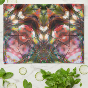Reddish salmon star kaleidoscope in acrylic style tea towel