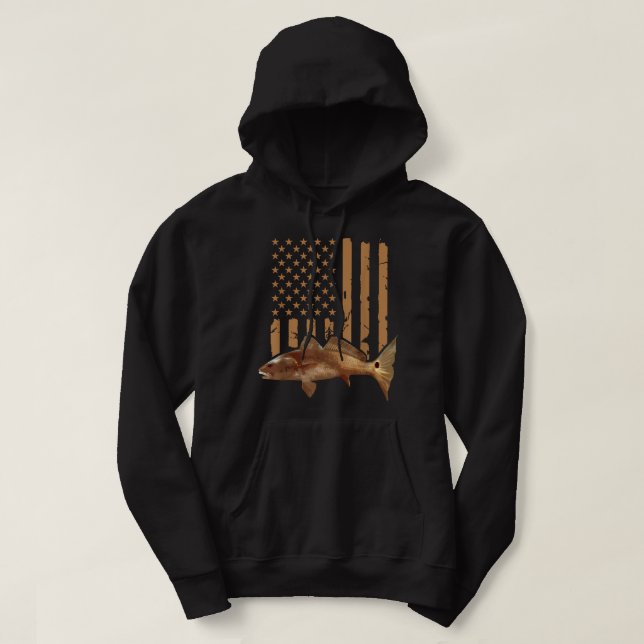Redfish Fishing Red Drum Tailing Usa American Flag Hoodie (Design Front)