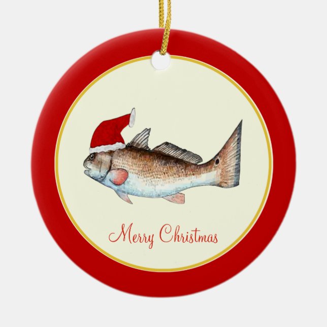 Redfish Santa Hat Christmas Red Ceramic Tree Decoration (Front)