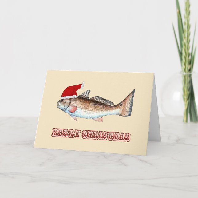 Redfish Santa Hat Merry Christmas Holiday Card (Front)