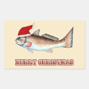 Redfish Santa Merry Christmas on Off White Rectangular Sticker