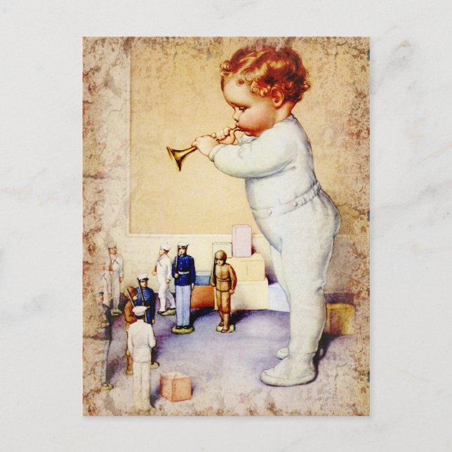 Redhead Baby Boy Blowing Horn to Soldiers Postcard (Front)