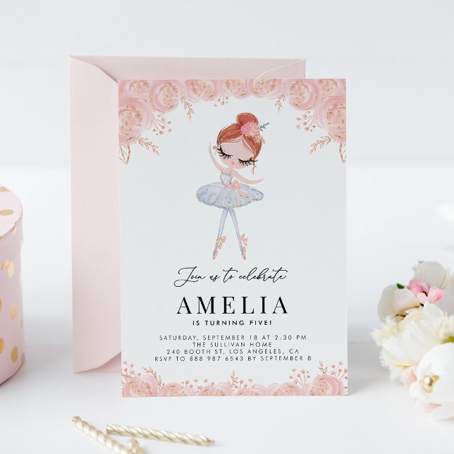 Redhead Ballerina in White Dress Floral Birthday Invitation (Creator Uploaded)