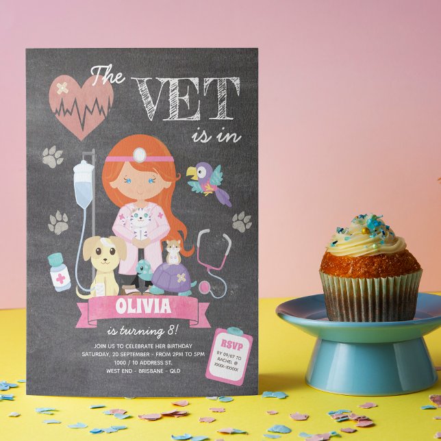 Redhead Chalkboard Girl Vet Birthday Party Invitation (This girl’s vet birthday invitation is just the right medicine to your celebration!)