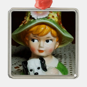 Redhead Child & Puppy Little Girl Lady Head Vase Metal Tree Decoration