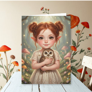 Redhead Fairy and Owl Girl's Cottagecore Birthday  Card
