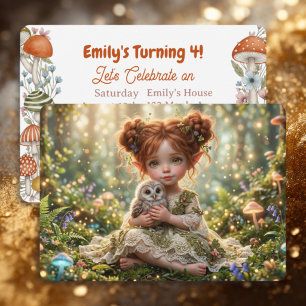 Redhead Fairy and Owl Girl's Cottagecore Birthday Invitation