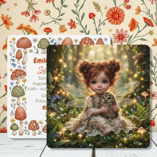 Redhead Fairy and Owl Girl's Cottagecore Birthday Invitation