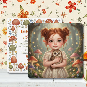 Redhead Fairy and Owl Girl's Cottagecore Birthday Invitation