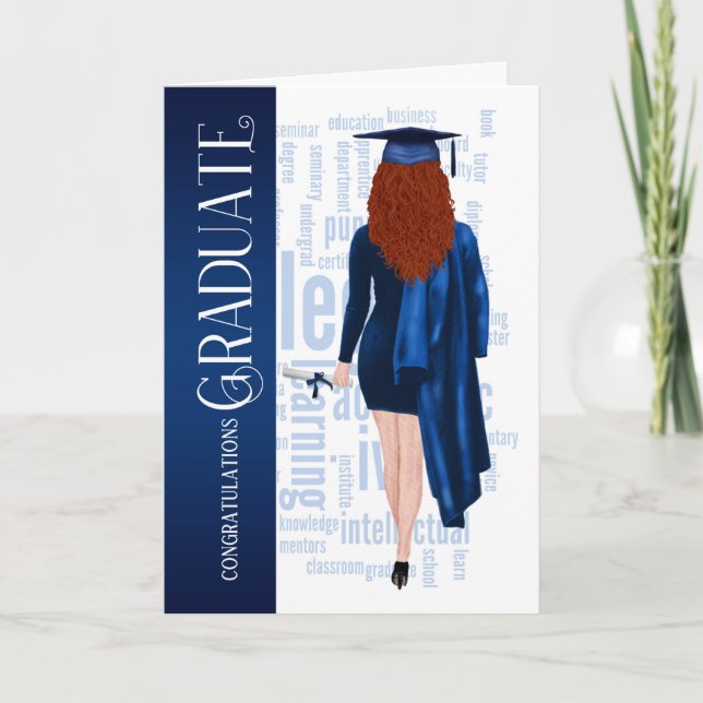 Redhead Female Blue Cap and Gown Graduate Card (Front)