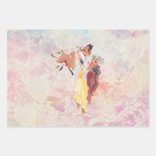 Redhead Girl And Baby Fox Illustration Vintage Wrapping Paper Sheet