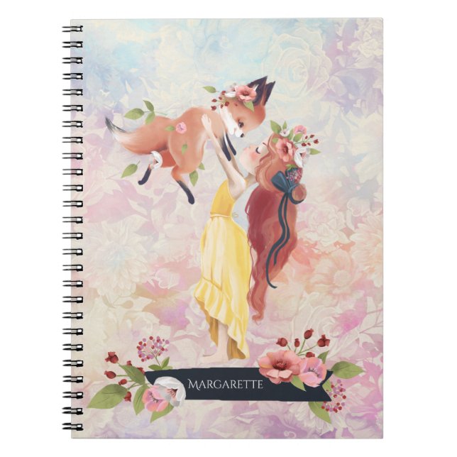 Redhead Girl & Baby Fox Illustration Daily Diary Notebook (Front)