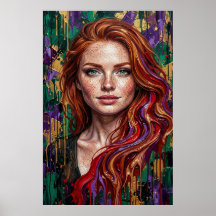 Redhead Girl Freckles Impasto Paint Drip Art Poste