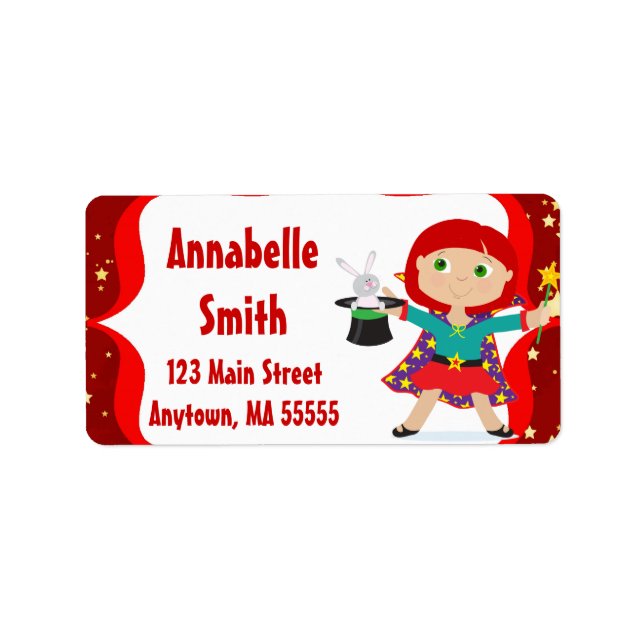 RedHead Girl Magician Birthday Address Labels (Front)