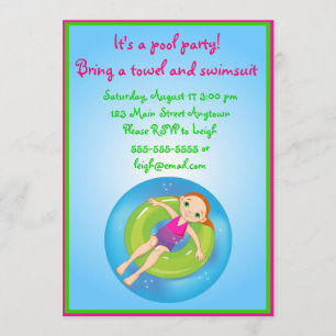 Redhead Girl Pool Party Birthday Invitation