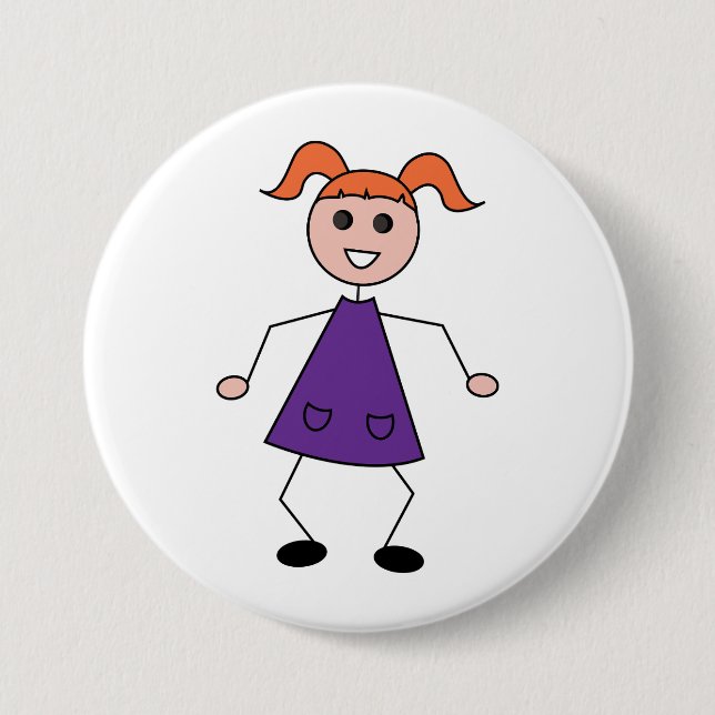 Redhead Girl Stick Figure in Purple Dress 7.5 Cm Round Badge (Front)