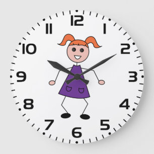 Redhead Girl Stick Figure in Purple Dress Large Clock