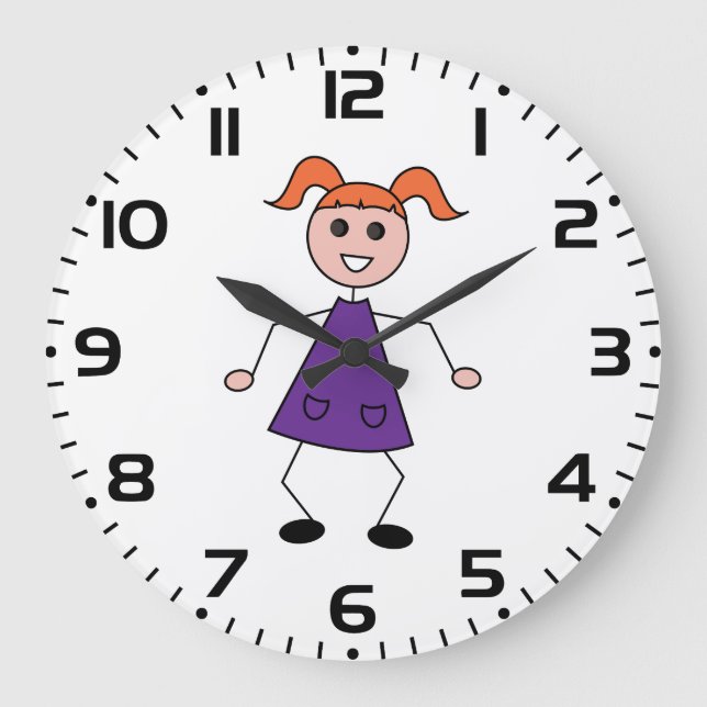 Redhead Girl Stick Figure in Purple Dress Large Clock (Front)