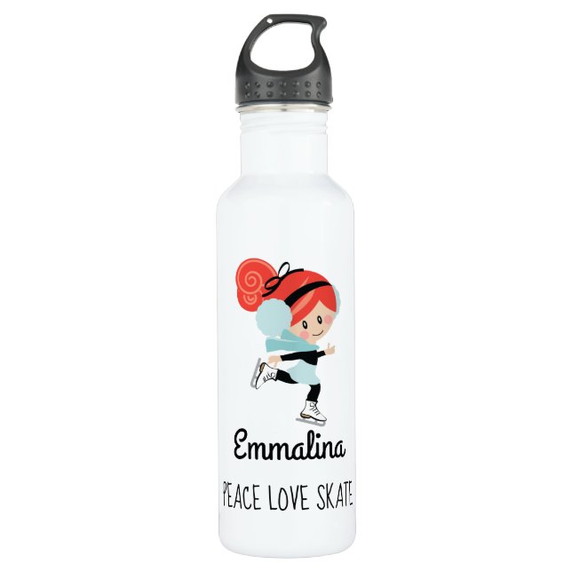 Redhead Ice Skater Water Bottle Peace Love Skate (Front)