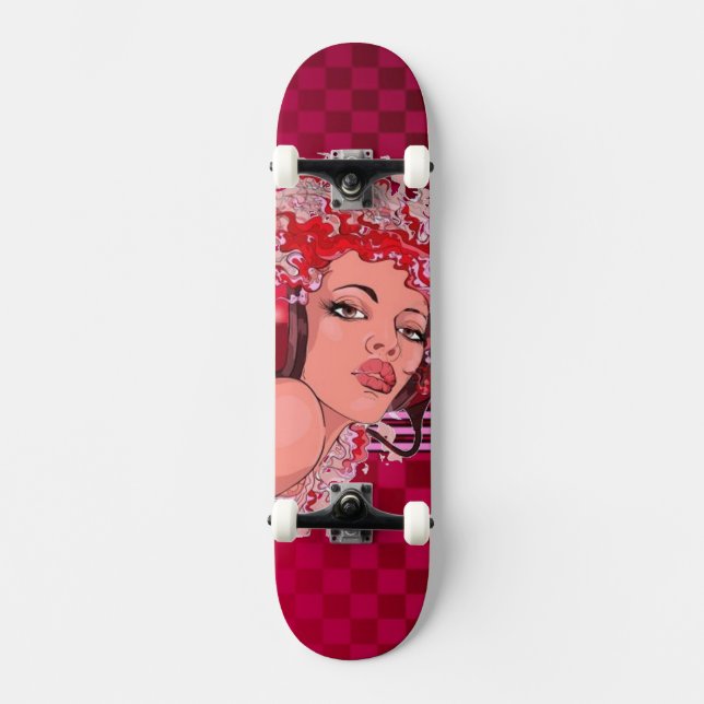 Redhead in Headphones Chequered Skateboard (Front)