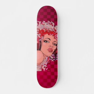 Redhead in Headphones Chequered Skateboard