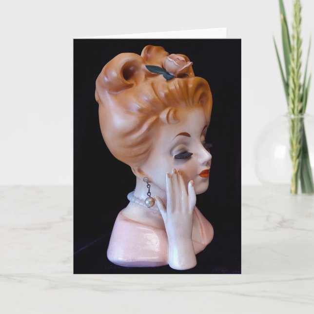 Redhead Lady Head Vase Pink Rose in Hair Doll  Card (Front)