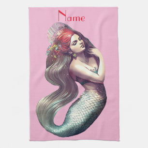 Redhead Mermaid Beauty Thunder_Cove Tea Towel
