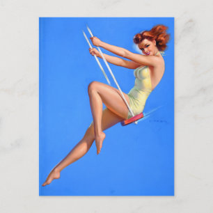 Redhead on Swing Pin Up Postcard