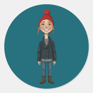 Redhead Smiling Girl with Red Hat and  Classic Round Sticker