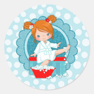 Redhead Spa Girl Bubbles Turquoise Red White Classic Round Sticker