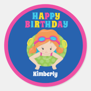 Redhead Swim Girl Custom Pool Party Happy Birthday Classic Round Sticker