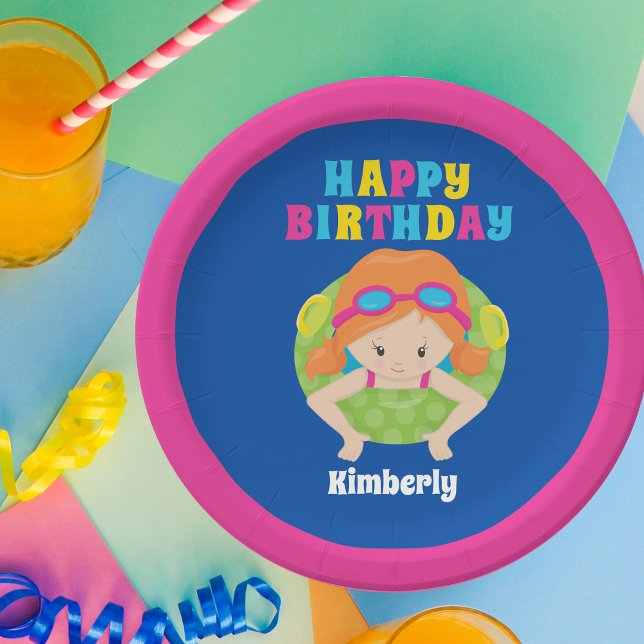 Redhead Swim Girl Custom Pool Party Happy Birthday Paper Plate (Creator Uploaded)