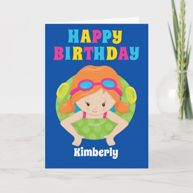 Redhead Swim Team Girl Custom Happy Birthday Card (Front)