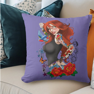 Redhead Woman Tattoos Cushion