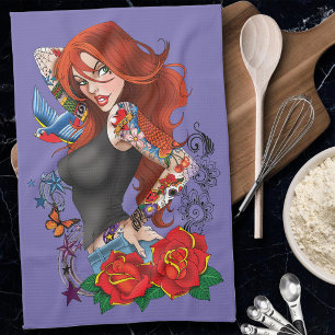 Redhead Woman Tattoos Tea Towel