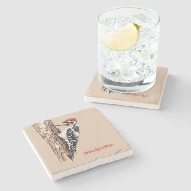 Redhead Woodpecker Bird Stone Coaster (Side)